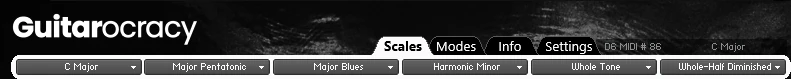 Musical Scale, Mode, Info, and Settings Menu Options in Guitarocracy
