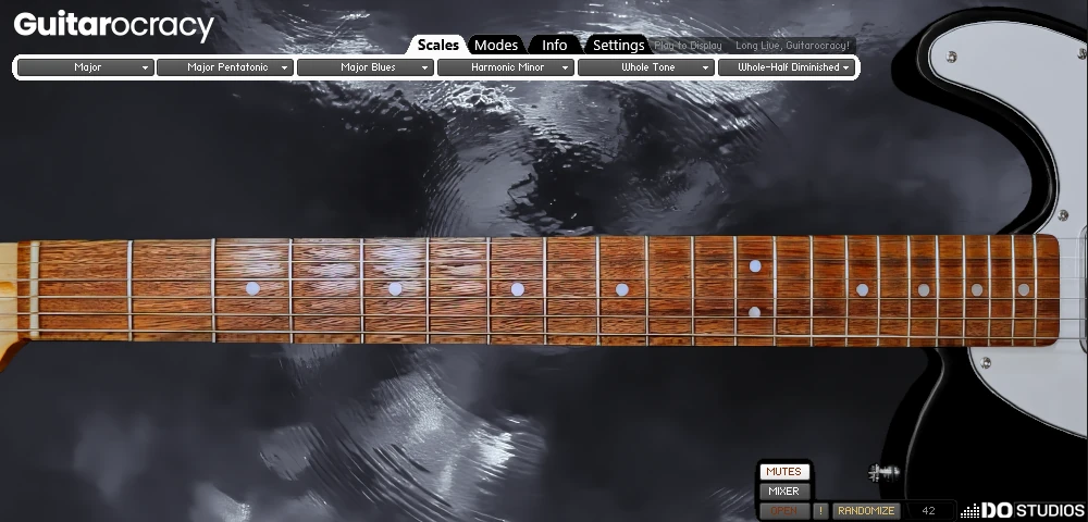 Guitarocracy User Manual: Virtual Guitar Fretboard Right-Handed orientation.