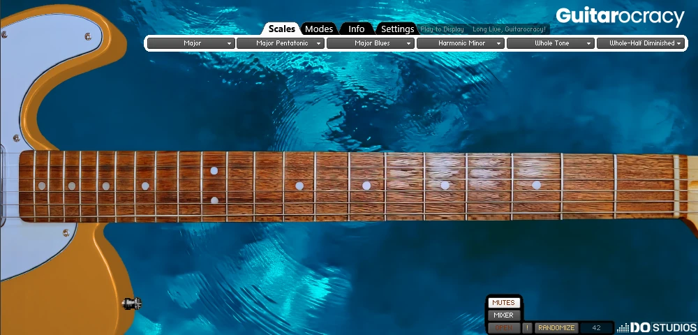 Guitarocracy User Manual: Virtual Guitar Fretboard Left-Handed orientation.