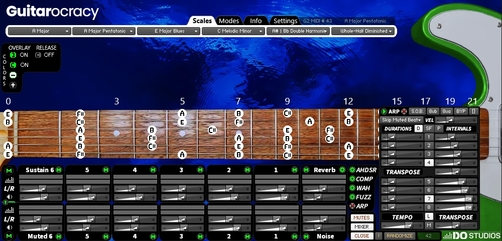 Discover the dynamic mixer and arpeggiator interface in Guitarocracy's blue theme, featuring a vibrant green guitar for intuitive sequencing, sound blending, and creative music production.
