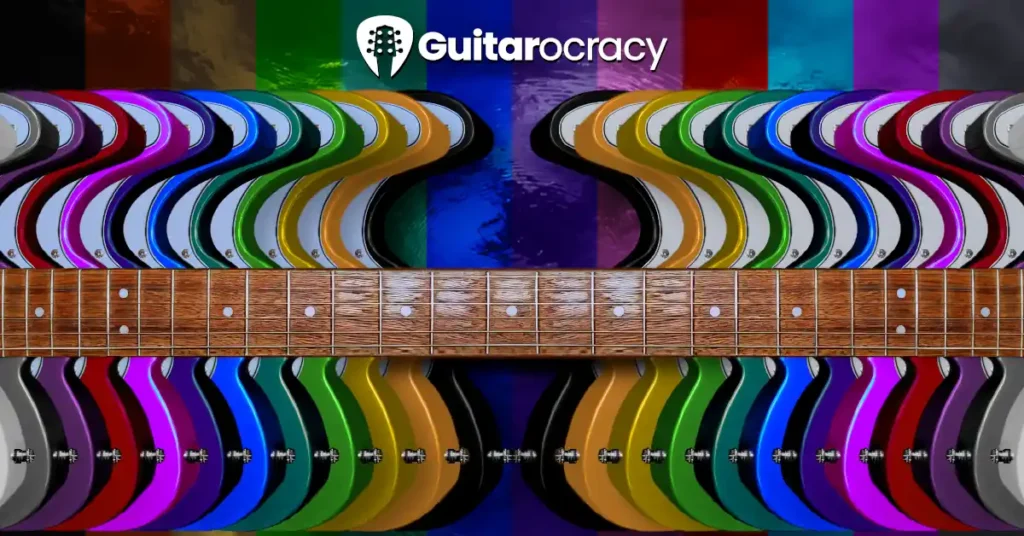 Discover the full spectrum of Guitarocracy guitar colors in one captivating scene. From bold body hues to thematic accents, find your perfect custom guitar palette for ultimate style and expression.