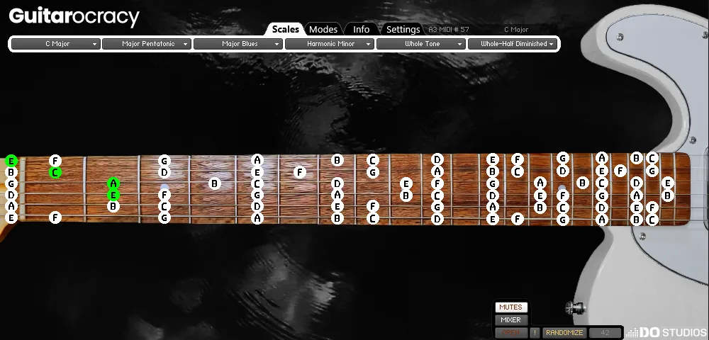 Experience the elegant white guitar body in Guitarocracy's sleek black theme, showcasing the C Major Scale with interactive fretboard visuals for effortless scale mastery and sound exploration.