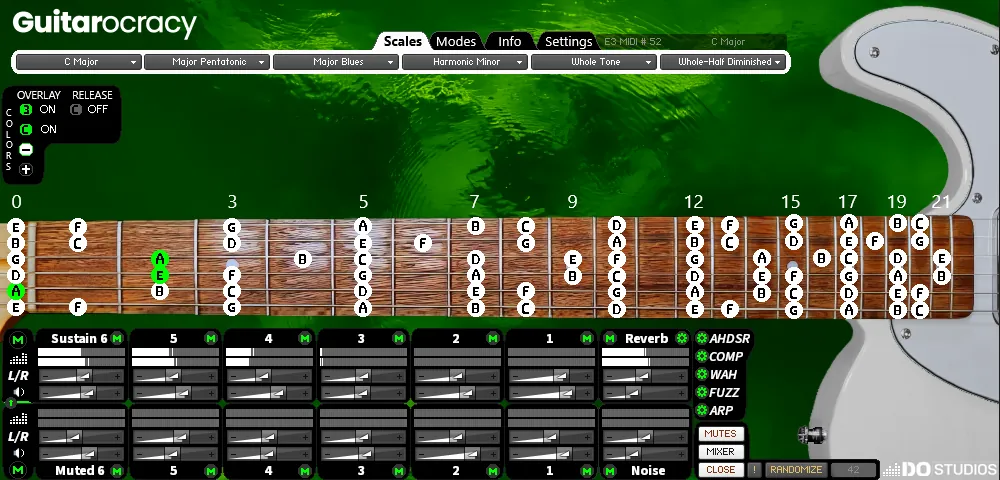 Experience the elegant white guitar body in Guitarocracy's vibrant lime green theme, complete with intuitive audio and effects mixer controls for effortless sound shaping and virtual instrument mastery.