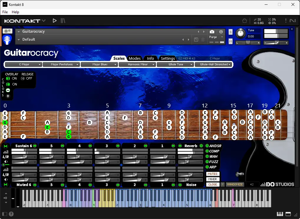 Screenshot of Guitarocracy virtual guitar instrument in Kontakt 8 Player: Full view of the plugin loaded in the Kontakt interface, featuring the instrument header, realistic fretboard visualization, and key controls for music production and learning.