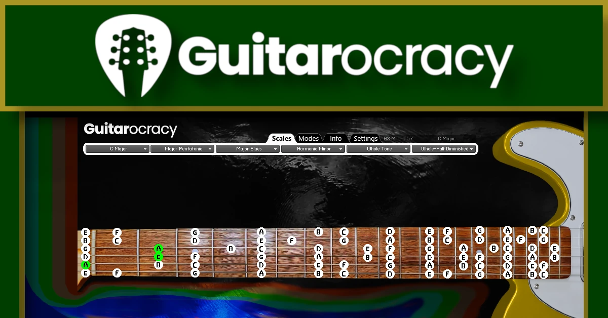 Screenshot of the Guitarocracy virtual guitar plugin in Kontakt 8 Player, showing the C major scale on a realistic fretboard with highlighted notes and intuitive controls for music creation and learning.