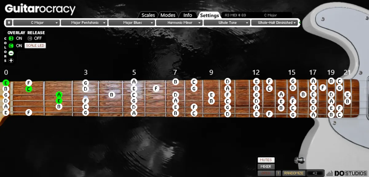 Experience the elegant white guitar body in Guitarocracy's sleek black theme, showcasing the C Major Scale with interactive fretboard visuals for effortless scale mastery and sound exploration.