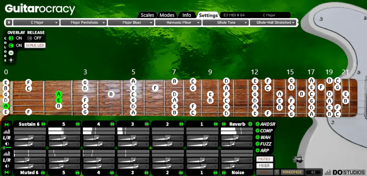 Experience the elegant white guitar body in Guitarocracy's vibrant lime green theme, complete with intuitive audio and effects mixer controls for effortless sound shaping and virtual instrument mastery.