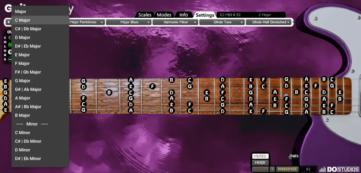 Screenshot of Guitarocracy, Virtual Guitar Fretboard Displaying C Major. Fuchsia Theme with the Violet Guitar Body color.