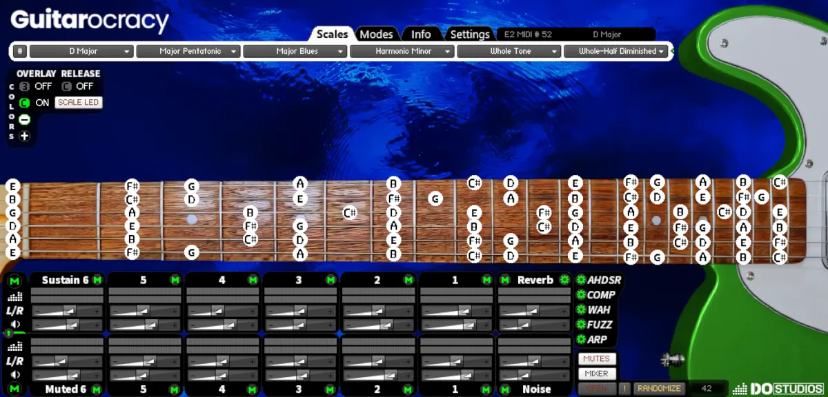 Guitarocracy showing the D Major scale with the blue theme and lime guitar model.