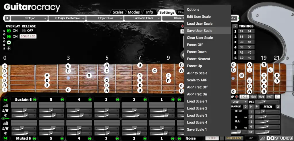 Guitarocracy 1.0.1 now supports user scales and four user scale slots to recall your favorite scales instantly.