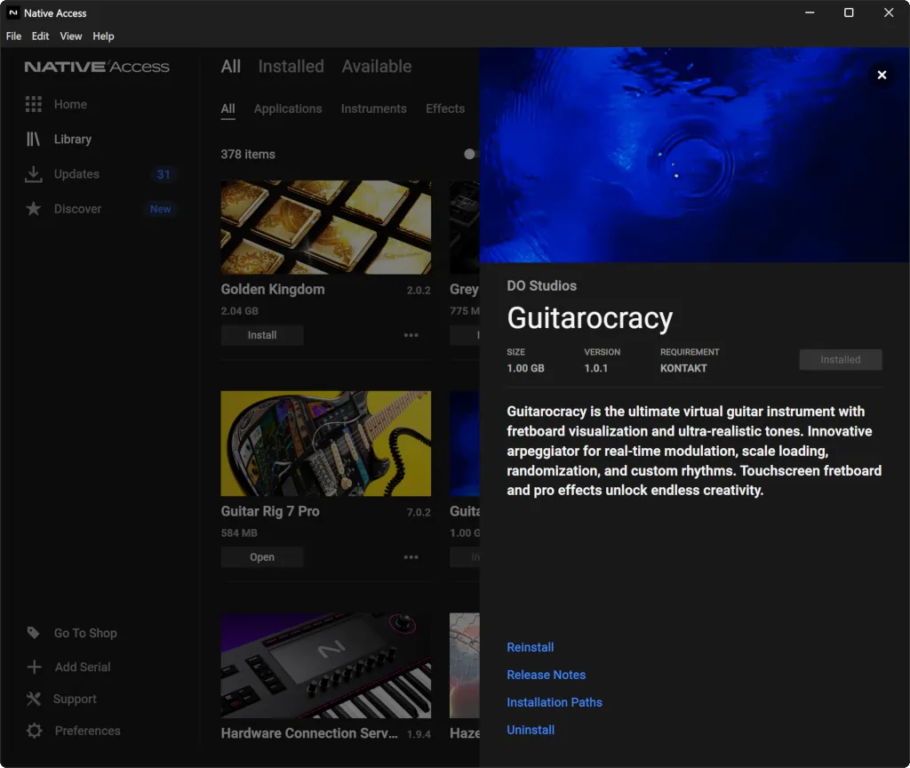 Guitarocracy's Information Panel in Native Access